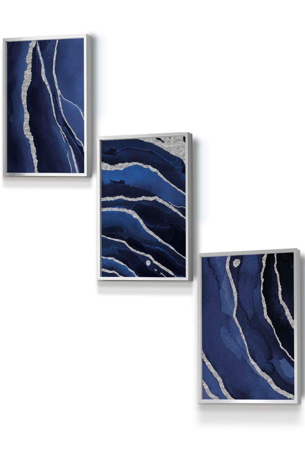 Abstract Navy Blue Silver Strokes Framed Wall Art - Small